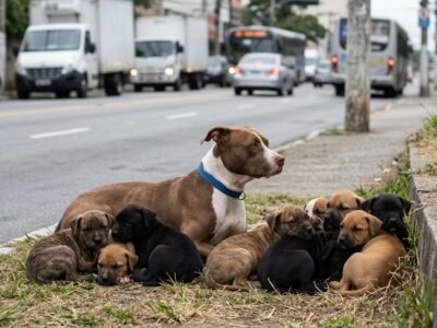 VÍDEO: Resgatista encontra cadela pit bull com 9 filhotes perto de trânsito intenso e inicia missão para salvar toda a família