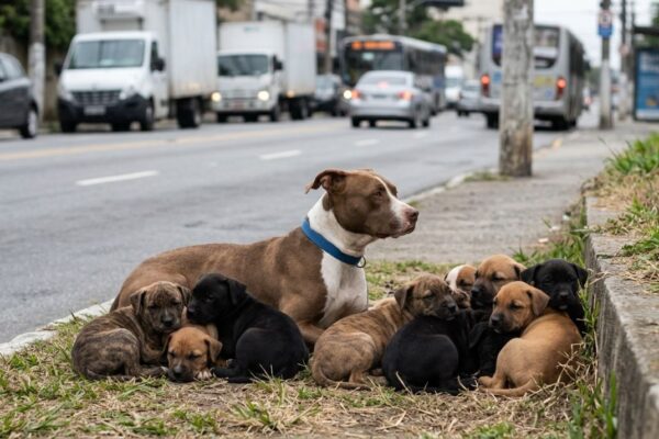 VÍDEO: Resgatista encontra cadela pit bull com 9 filhotes perto de trânsito intenso e inicia missão para salvar toda a família