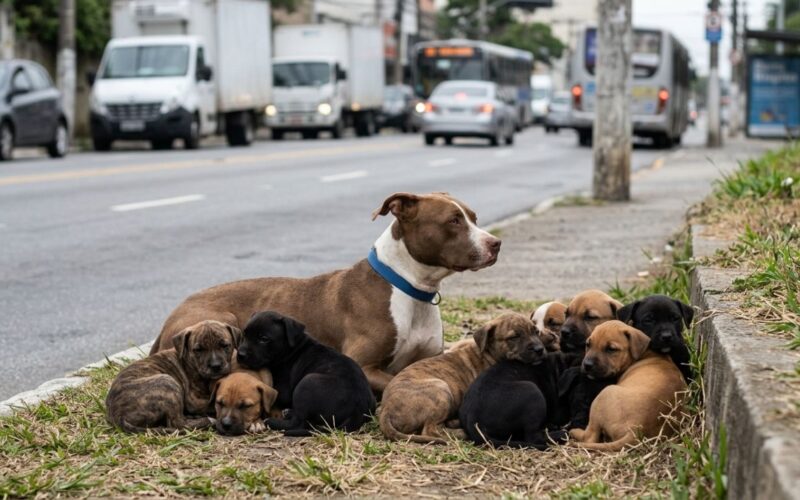 VÍDEO: Resgatista encontra cadela pit bull com 9 filhotes perto de trânsito intenso e inicia missão para salvar toda a família